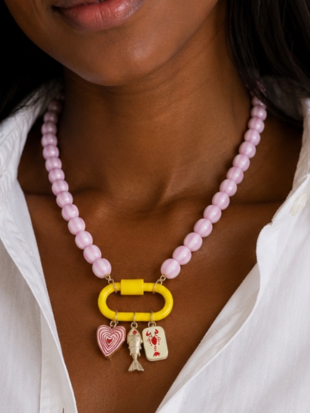 New! Coastal Colorful Pink Beaded Fish Heart Charm Carabiner Necklace NWOT 5047